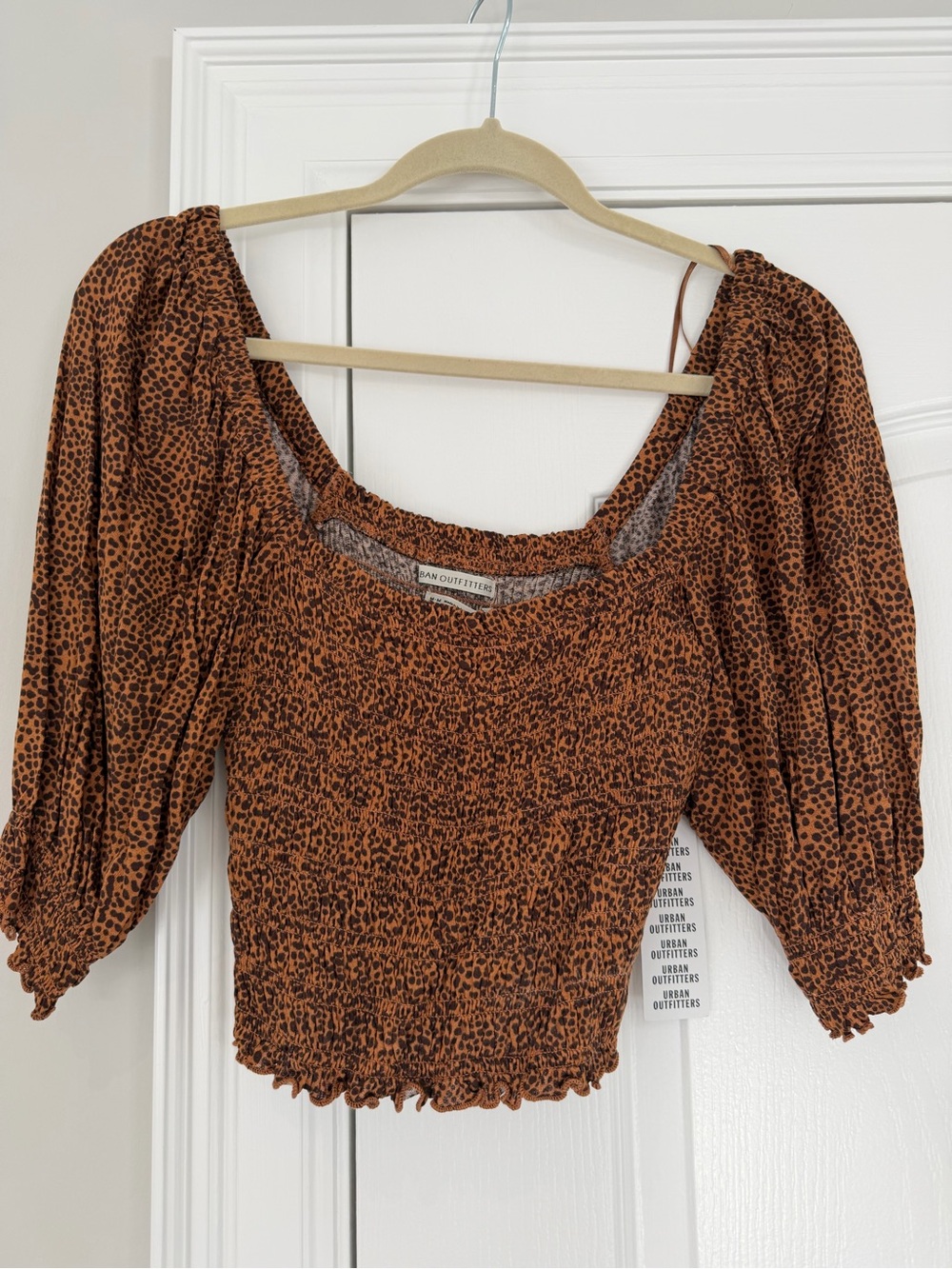 Urban Outfitters Brown Leopard Print Smocked Puff-Sleeve Crop Top